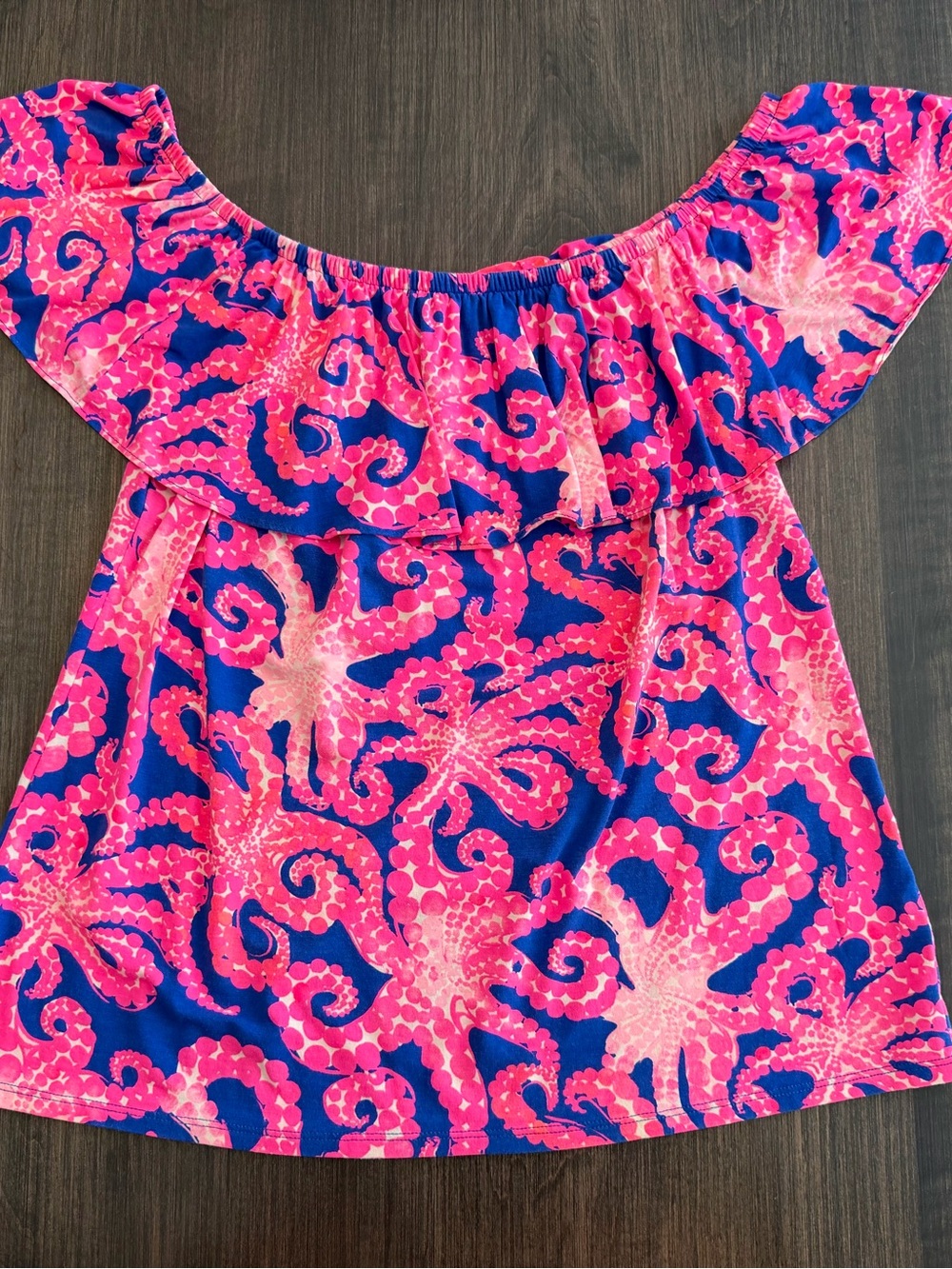 Lilly Pulitzer Off-Shoulder Pink & Blue Octopus Print Top
